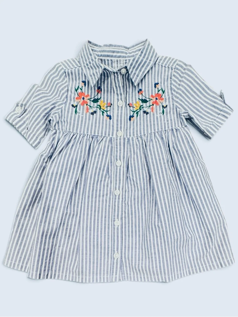Old Navy Girls 18-24M Blue and White Striped Floral Embroidered Dress.